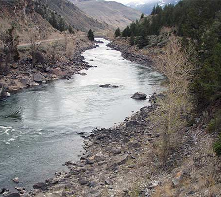 A river flows through a rocky, tree-lined valley with mountains in the background and sparse vegetation along the banks under a cloudy sky.