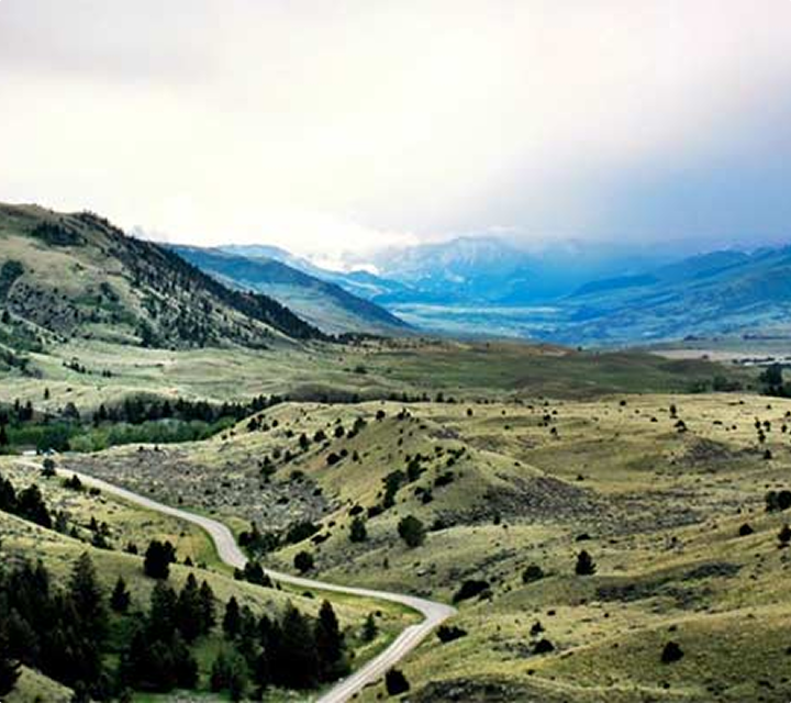A winding road cuts through rolling green hills and sparse trees, with distant mountains under a cloudy sky in the background.